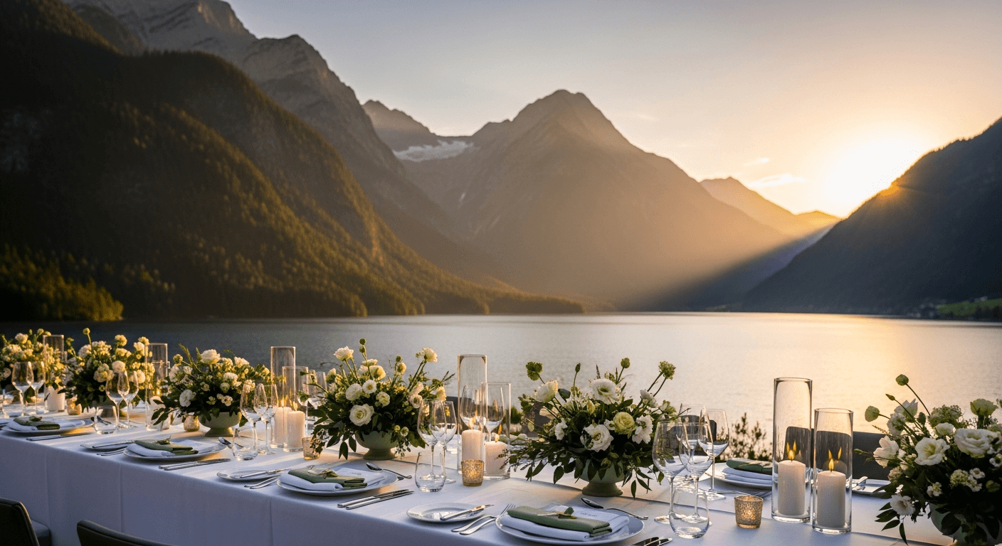 Festlich gedeckte Hochzeitstafel am See in den österreichischen Alpen